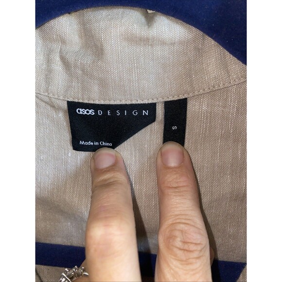 ASOS DESIGN Linen Button Men Short Sleeve Shirt  boxy oversized Small Khaki - Picture 3 of 4